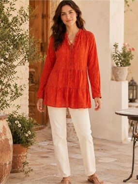 Anthropologie Pilcro Rust Orange Embroidered Tiered Tunic Boho Blouse Size Small